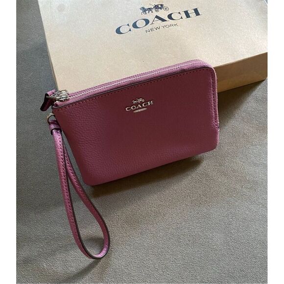 NWT COACH Double Zip Pink Pebbled Leather Wristlet Wallet AUTHENTIC